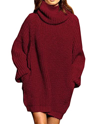 Onsoyours Damen Strickkleid Rollkragenpullover Winter Einfarbige Langarm Kleid Pulloverkleid Elegant Winterkleider mit Rollkragen Rotwein XL von Onsoyours