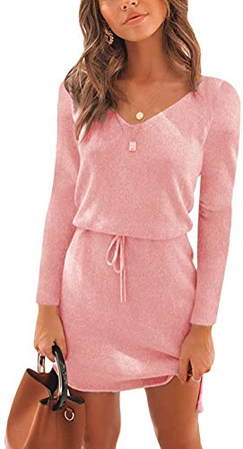 Onsoyours Damen Strickkleid Winter V-Ausschnitt Langarm Mini Pulloverkleider Casual A-Linie Shirtkleid Freizeit Kleider Mit Gürtel Rosa 40 von Onsoyours