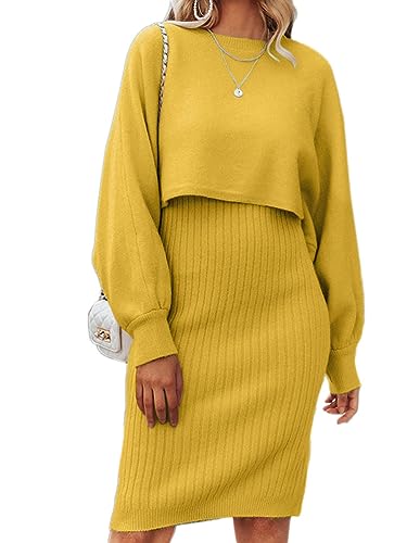 Onsoyours Damen Strickkleid Zweiteiliger Anzug Pullover Oberteil und Kleid Bodycon 2 Stück Set Sweater Midikleid Pullikleid Gestrickt Kleid Set Herbst Winter A Gelb M von Onsoyours