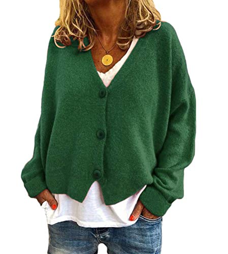 Onsoyours Damen Strickpulli Pullover Lose Lässige Strickjacken Strickenpullover Langarm V-Ausschnitt Einfarbig Knopf Offene Cardigan Frauen Casual Klein Mantel B Dunkelgrün XL von Onsoyours