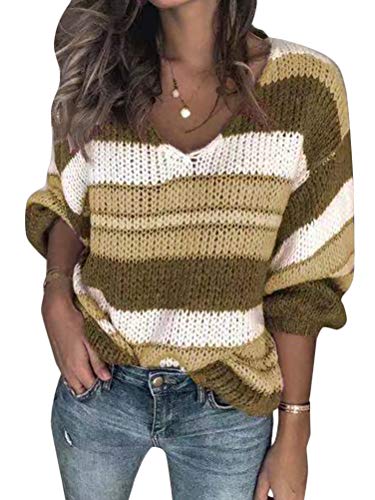 Onsoyours Damen Strickpullove Farbblock Pullover Casual Winter Sweater Gestreift Strickpullover Sweatshirt Pulli Elegant Jumper Oberteile Grün 34 von Onsoyours