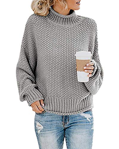 Onsoyours Damen Strickpullover Casual Herbst Winter Sweater Langarm Lose Pulli Jumper Sweatshirt Strickpulli Pullover Rollkragenpullover Streifenpullover A Grau 44 von Onsoyours