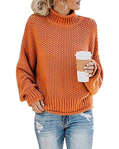 Onsoyours Damen Strickpullover Casual Herbst Winter Sweater Langarm Lose Pulli Jumper Sweatshirt Strickpulli Pullover Rollkragenpullover Streifenpullover A Orange 36 von Onsoyours