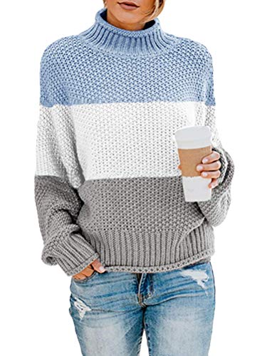 Onsoyours Damen Strickpullover Casual Herbst Winter Sweater Langarm Lose Pulli Jumper Sweatshirt Strickpulli Pullover Rollkragenpullover Streifenpullover D Blau 40 von Onsoyours