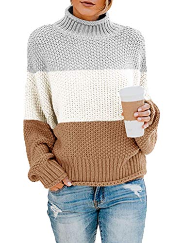 Onsoyours Damen Strickpullover Casual Herbst Winter Sweater Langarm Lose Pulli Jumper Sweatshirt Strickpulli Pullover Rollkragenpullover Streifenpullover D Khaki 40 von Onsoyours