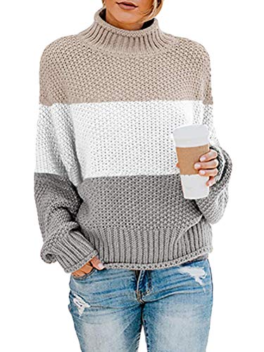 Onsoyours Damen Strickpullover Casual Herbst Winter Sweater Langarm Lose Pulli Jumper Sweatshirt Strickpulli Pullover Rollkragenpullover Streifenpullover D Leichtes Khaki 36 von Onsoyours