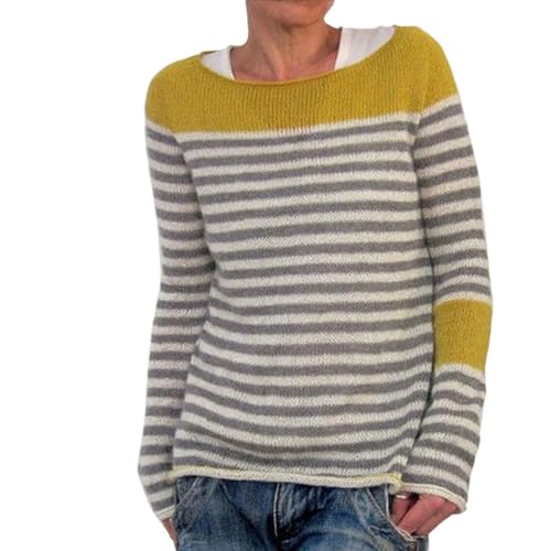 Onsoyours Damen Strickpullover Elegant Rundhals Jumper Pullover Herbst Winter Einfarbiger Warm Pulli Oberteil Streifen Sweater Sweatshirt C13 Gelb XS von Onsoyours