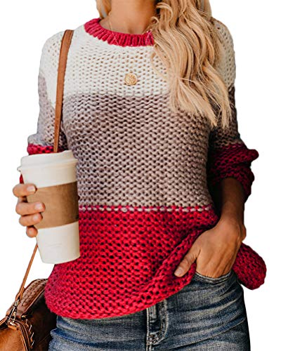 Onsoyours Damen Strickpullover Farbblock Pullover Casual Winter Sweater Sweatshirt Winter Bluse Streifenpullover B Rot 40 von Onsoyours