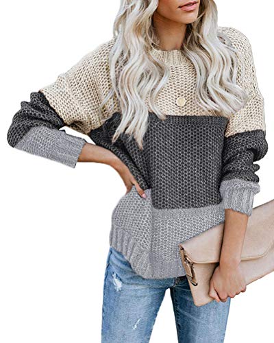 Onsoyours Damen Strickpullover Farbblock Pullover Casual Winter Sweater Sweatshirt Winter Bluse Streifenpullover C Grau 40 von Onsoyours