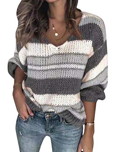 Onsoyours Damen Strickpullover Farbblock Pullover Langarm Sweatshirt Rundhals Sweater Pulli Winter Oberteile Bluse Gestrickte Streifenpullover Warme Grau 44 von Onsoyours