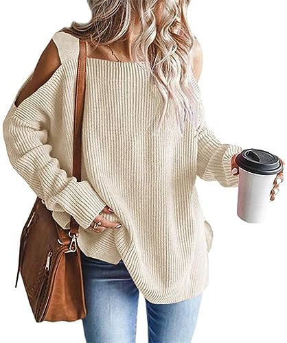 Onsoyours Damen Strickpullover Langarm Schulterfrei Elegant U-Ausschnitt Pulli Loose Oversize Einfarbig Pullover Stricken Oberteil Strickpulli Pullover A Beige L von Onsoyours