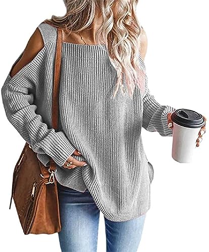 Onsoyours Damen Strickpullover Langarm Schulterfrei Elegant U-Ausschnitt Pulli Loose Oversize Einfarbig Pullover Stricken Oberteil Strickpulli Pullover A Grau XXL von Onsoyours
