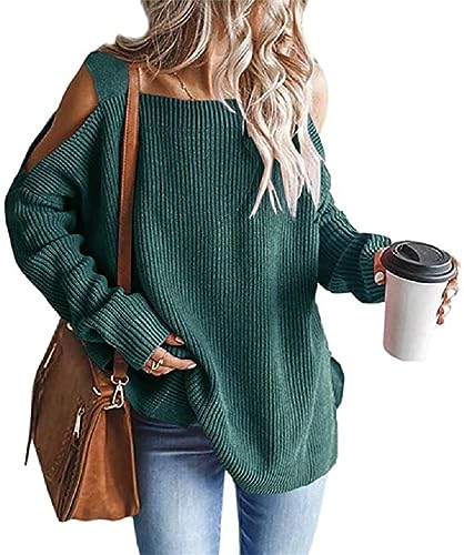 Onsoyours Damen Strickpullover Langarm Schulterfrei Elegant U-Ausschnitt Pulli Loose Oversize Einfarbig Pullover Stricken Oberteil Strickpulli Pullover A Grün M von Onsoyours
