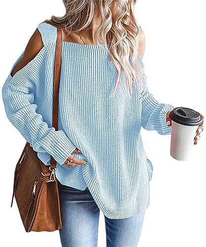 Onsoyours Damen Strickpullover Langarm Schulterfrei Elegant U-Ausschnitt Pulli Loose Oversize Einfarbig Pullover Stricken Oberteil Strickpulli Pullover A Hellblau L von Onsoyours