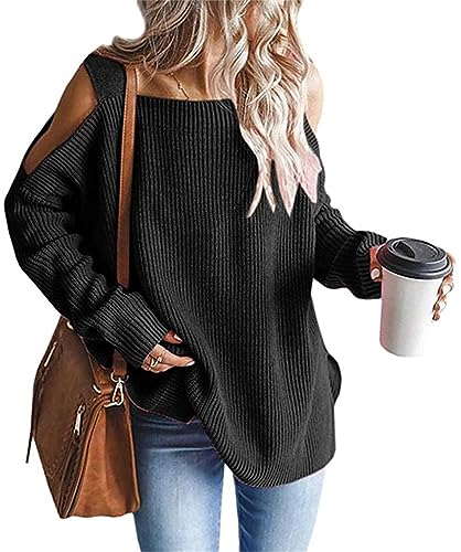 Onsoyours Damen Strickpullover Langarm Schulterfrei Elegant U-Ausschnitt Pulli Loose Oversize Einfarbig Pullover Stricken Oberteil Strickpulli Pullover A Schwarz XXL von Onsoyours