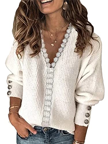 Onsoyours Damen Strickpullover Oberteile Strick Oversize Gestreift Pullover V-Ausschnitt Pulli langärmeligem übergroßen Sweater Sweatshirt Herbst Winter 4 Weiß M von Onsoyours