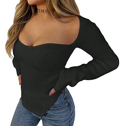 Onsoyours Damen Strickpullover V-Ausschnitt Pullover Schulterfrei Langarmshirt Strickpulli Casual Oberteile Tops A Schwarz L von Onsoyours