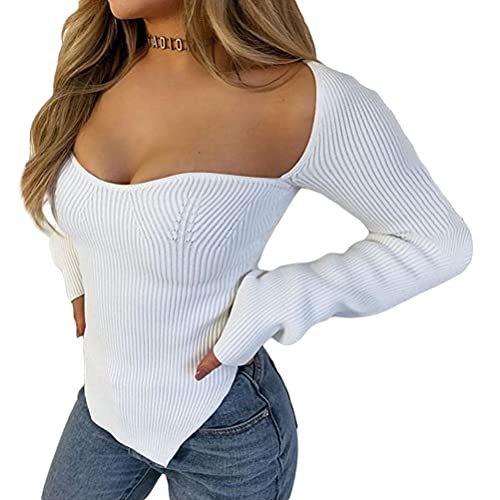 Onsoyours Damen Strickpullover V-Ausschnitt Pullover Schulterfrei Langarmshirt Strickpulli Casual Oberteile Tops A Weiß L von Onsoyours