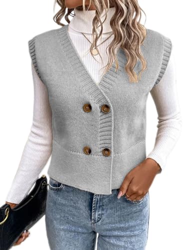 Onsoyours Damen Strickweste Weste Ärmellose V-Ausschnitt Strickjacke Strickweste Cardigan Vest Top Pullunder Weste Herbst Winter Sweater Knopfweste Strickpullover A Grau XXL von Onsoyours