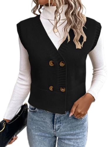 Onsoyours Damen Strickweste Weste Ärmellose V-Ausschnitt Strickjacke Strickweste Cardigan Vest Top Pullunder Weste Herbst Winter Sweater Knopfweste Strickpullover A Schwarz M von Onsoyours