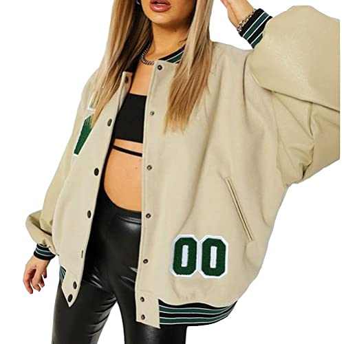 Onsoyours Damen Sweatjacke Y2K Vintage College Sweat Jacket Reißverschluss Für Frauen Oversized Patchwork Jacke Vintage Druck Jacken Baseball Mantel Sport Jacke D Beige M von Onsoyours