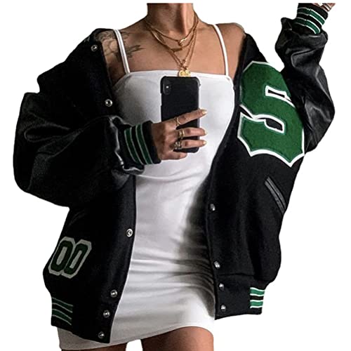 Onsoyours Damen Sweatjacke Y2K Vintage College Sweat Jacket Reißverschluss Für Frauen Oversized Patchwork Jacke Vintage Druck Jacken Baseball Mantel Sport Jacke D Grün M von Onsoyours