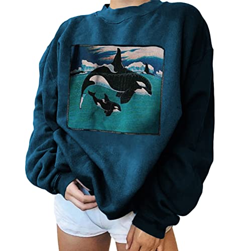 Onsoyours Damen Sweatshirt Casual Lose Wal-Druck Langarmshirt Rundhals Pullover Pulli Oberteile Ohne Kapuze Teenager Mädchen Vintage Top A Blau M von Onsoyours