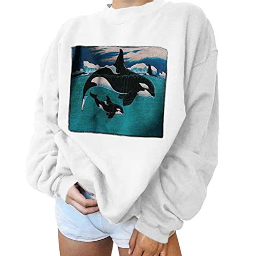 Onsoyours Damen Sweatshirt Casual Lose Wal-Druck Langarmshirt Rundhals Pullover Pulli Oberteile Ohne Kapuze Teenager Mädchen Vintage Top A Weiß M von Onsoyours