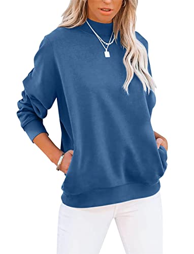 Onsoyours Damen Sweatshirt Freizeit Einfarbig Rollkragen Langarmshirt Pullover Herbst Winter Leichtes Sweatshirt Tops Oberteile Mit Taschen A Blau XL von Onsoyours