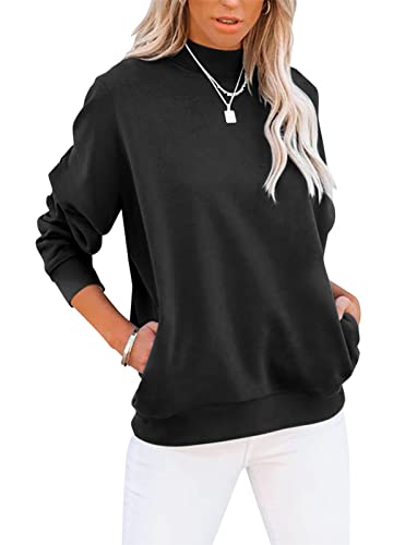 Onsoyours Damen Sweatshirt Freizeit Einfarbig Rollkragen Langarmshirt Pullover Herbst Winter Leichtes Sweatshirt Tops Oberteile Mit Taschen A Schwarz XXL von Onsoyours