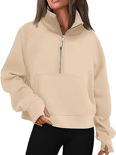 Onsoyours Damen Sweatshirt Pullover 1/2 Zip Polo Shirt Damen Casual Rundhals Top Langarmshirt Oberteile Einfarbig Fleece Oberteile für Herbst Winter A Beige M von Onsoyours