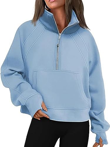 Onsoyours Damen Sweatshirt Pullover 1/2 Zip Polo Shirt Damen Casual Rundhals Top Langarmshirt Oberteile Einfarbig Fleece Oberteile für Herbst Winter A Hellblau S von Onsoyours