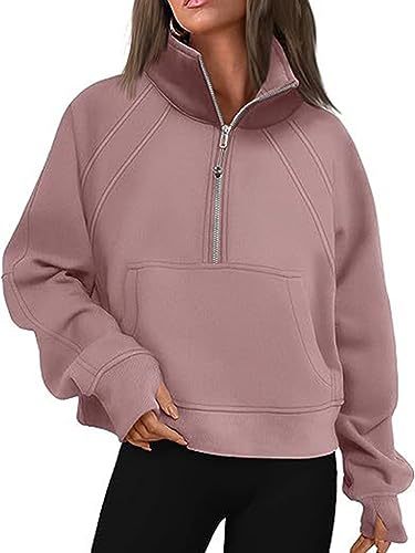 Onsoyours Damen Sweatshirt Pullover 1/2 Zip Polo Shirt Damen Casual Rundhals Top Langarmshirt Oberteile Einfarbig Fleece Oberteile für Herbst Winter A Hellrosa S von Onsoyours