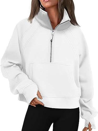 Onsoyours Damen Sweatshirt Pullover 1/2 Zip Polo Shirt Damen Casual Rundhals Top Langarmshirt Oberteile Einfarbig Fleece Oberteile für Herbst Winter A Weiß M von Onsoyours