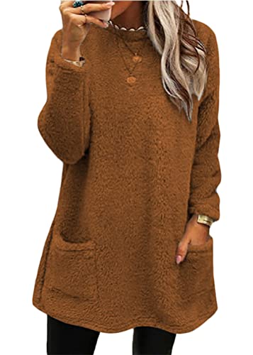 Onsoyours Damen Sweatshirt Pullover Herbst Winter Warm Teddy Fleece Rundhals Einfarbig Sweatshirt Plüsch Gefüttert Langarmshirt Oversize Oberteil A Braun 3XL von Onsoyours