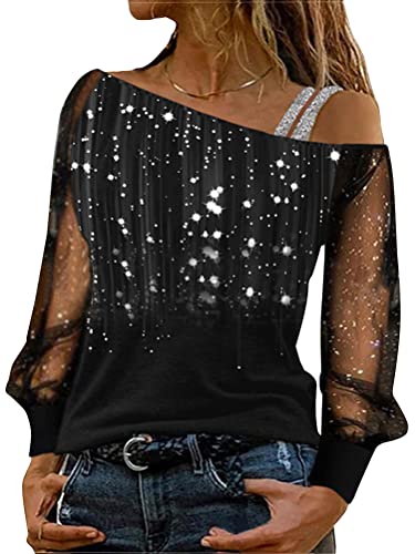 Onsoyours Damen Sweatshirt Schulterfrei Oberteile Sexy Glitzer Spitze Langarmshirt Bedruckt Elegant Pullover Jumper Streetwear F15 Schwarz L von Onsoyours