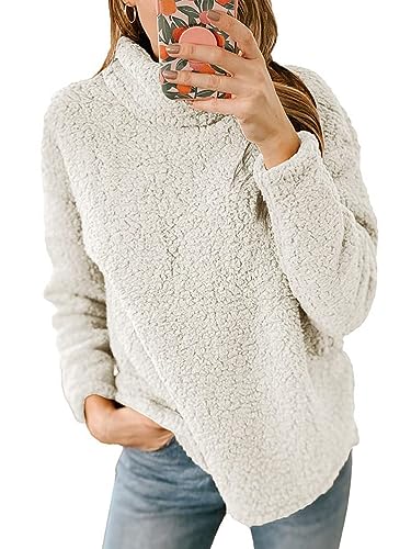 Onsoyours Damen Sweatshirt Warm Weich Pullover Flauschig Teddy Fleece Winterpullover Sweater Langarm Herbst Winter Einfarbig Rollkragen Oberteil Pulli A Beige XXL von Onsoyours
