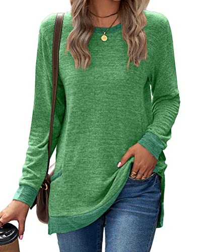 Onsoyours Damen Sweatshirt mit V-Ausschnitt Einfarbig Streifen Farbblock Lange Passform Langarm Pullover Lockere Langärmlige Tunika Oberteile Top E Grün L von Onsoyours