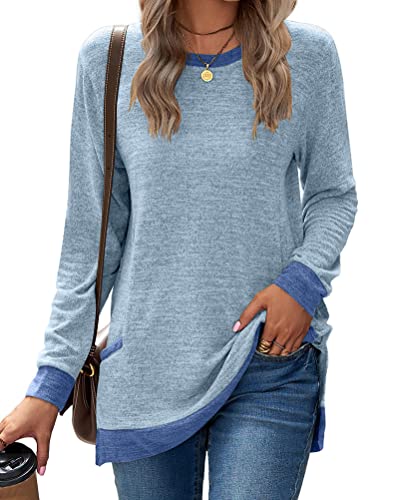 Onsoyours Damen Sweatshirt mit V-Ausschnitt Einfarbig Streifen Farbblock Lange Passform Langarm Pullover Lockere Langärmlige Tunika Oberteile Top E Hellblau L von Onsoyours