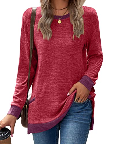 Onsoyours Damen Sweatshirt mit V-Ausschnitt Einfarbig Streifen Farbblock Lange Passform Langarm Pullover Lockere Langärmlige Tunika Oberteile Top E Rot S von Onsoyours