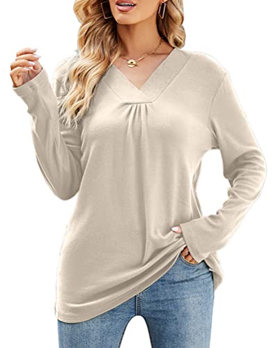 Onsoyours Damen Sweatshirt mit V-Ausschnitt Einfarbig Streifen Farbblock Lange Passform Langarm Pullover Lockere Langärmlige Tunika Oberteile Top F Aprikose XL von Onsoyours