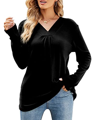 Onsoyours Damen Sweatshirt mit V-Ausschnitt Einfarbig Streifen Farbblock Lange Passform Langarm Pullover Lockere Langärmlige Tunika Oberteile Top F Schwarz XL von Onsoyours