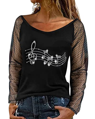 Onsoyours Damen T-Shirt Langarm Shirt Mit Spitze Pullover Damenshirt Transparent Tunika V-Ausschnitt Tops Elegante Bequeme Oberteile Casual F Schwarz 3 XL von Onsoyours