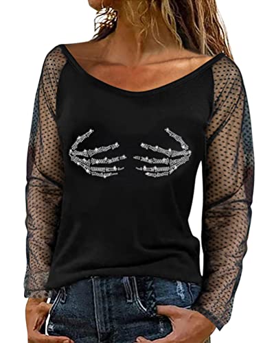 Onsoyours Damen T-Shirt Langarm Shirt Mit Spitze Pullover Damenshirt Transparent Tunika V-Ausschnitt Tops Elegante Bequeme Oberteile Casual F Schwarz 7 XL von Onsoyours