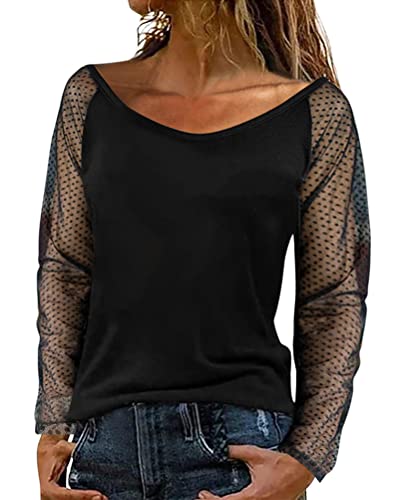 Onsoyours Damen T-Shirt Langarm Shirt Mit Spitze Pullover Damenshirt Transparent Tunika V-Ausschnitt Tops Elegante Bequeme Oberteile Casual F Schwarz 9 M von Onsoyours