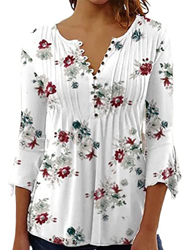 Onsoyours Damen T-Shirt Langarm V-Ausschnitt Floral Knopfleiste Plissee Henley Bluse Casual Locker Blumen Tunika Tops Sommer E Weiß01 XL von Onsoyours