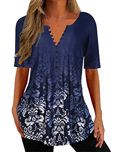 Onsoyours Damen T-Shirt Langarm V-Ausschnitt Floral Knopfleiste Plissee Henley Bluse Casual Locker Blumen Tunika Tops Sommer I5 Marine XL von Onsoyours