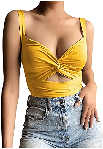 Onsoyours Damen Tank Top Ausschnitt Neckholder Criss Cross Cut Out Weste Crop Top Bandage Backless Cami Weste Camisole Y2K Streetwear A Gelb S von Onsoyours