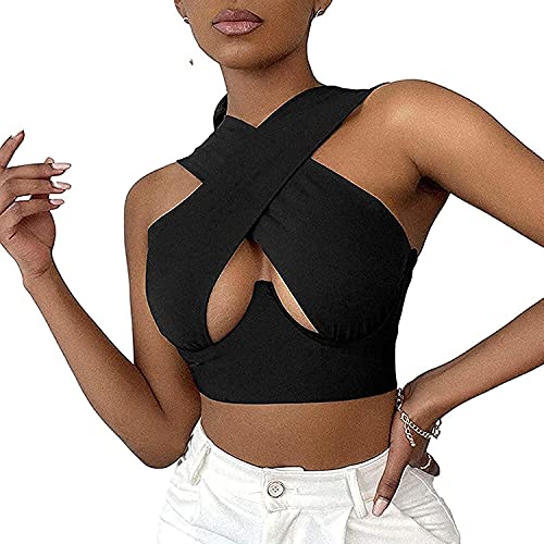 Onsoyours Damen Tank Top Ausschnitt Neckholder Criss Cross Cut Out Weste Crop Top Bandage Backless Cami Weste Camisole Y2K Streetwear B Schwarz XL von Onsoyours