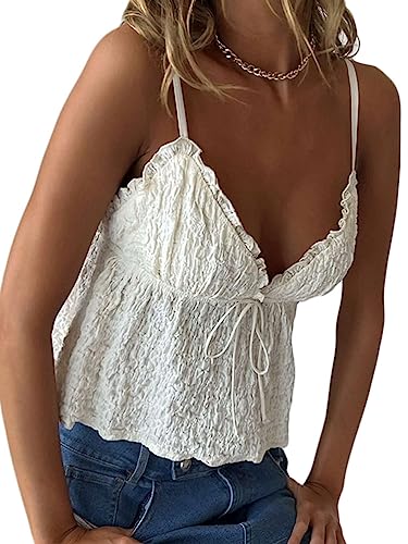 Onsoyours Damen Tank Top Sexy Y2K Camisole Schulterfrei Rueckenfrei Plissee Sommer Oberteile Frauen Spaghetti Top Weste Shirt Lässiges V-Ausschnitt Cami Ärmellose Hemd Bluse A Weiß S von Onsoyours